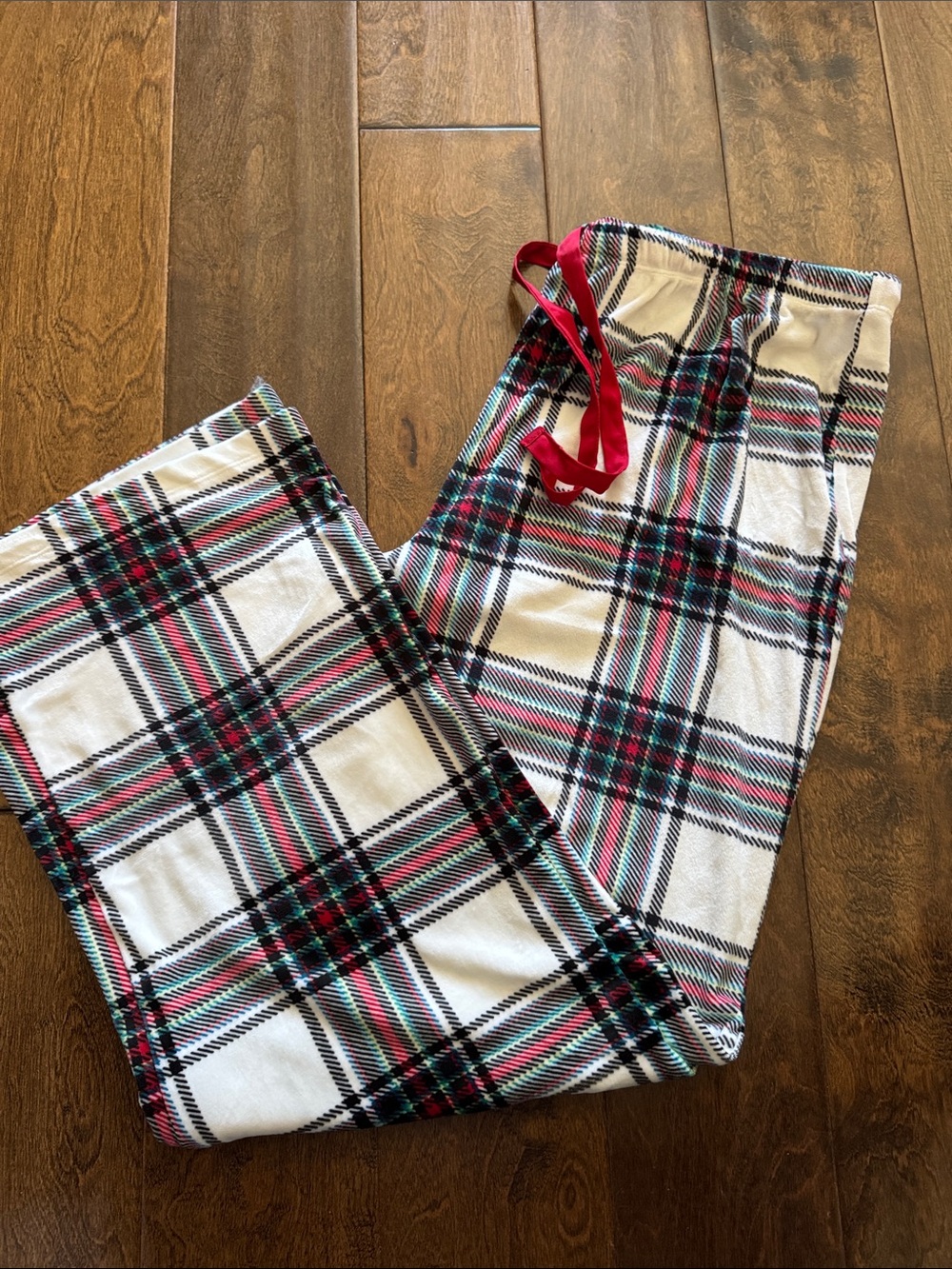 stars above White Plaid Pajama Pants with Red Drawstring and Green Accent